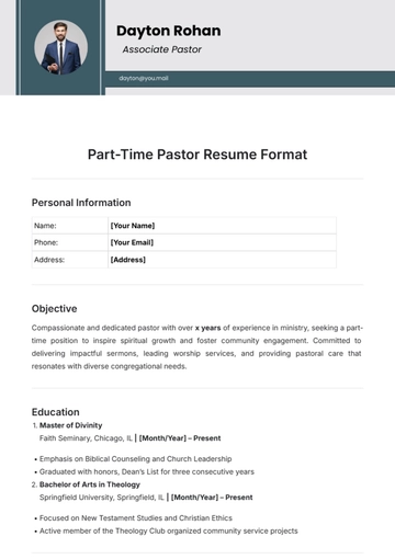 Free Part-Time Pastor Resume Format Template to Edit Online