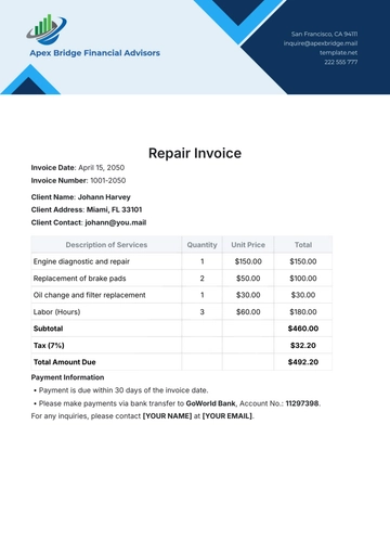 Free Repair Invoice Template to Edit Online