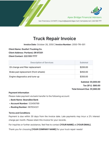 Free Truck Repair Invoice Template to Edit Online