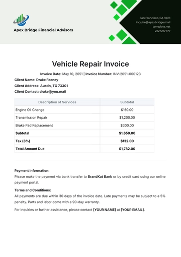 Free Vehicle Repair Invoice Template to Edit Online