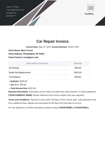 Free Car Repair Invoice Template to Edit Online