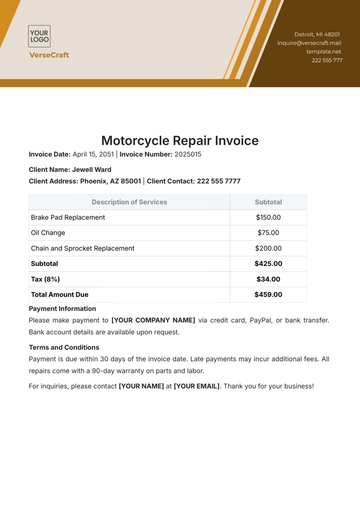 Free Motorcycle Repair Invoice Template to Edit Online