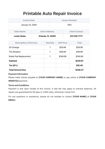 Free Printable Auto Repair Invoice Template to Edit Online