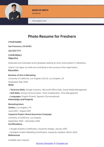 Free Photo Resume for Freshers Template to Edit Online