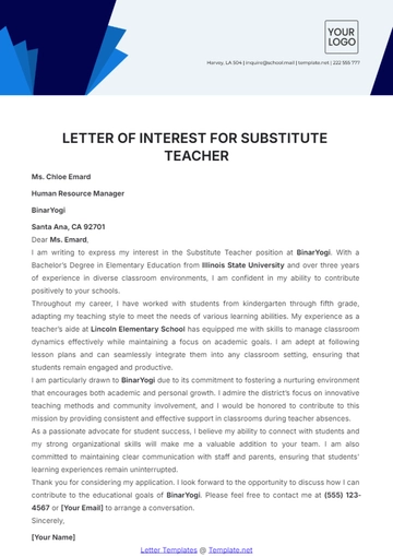 Free Letter of Interest for Substitute Teacher Template to Edit Online