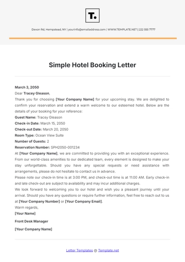 Free Simple Hotel Booking Letter Template to Edit Online