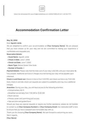 Free Accommodation Confirmation Letter Template to Edit Online