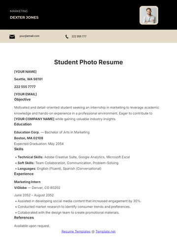 Free Student Photo Resume Template to Edit Online
