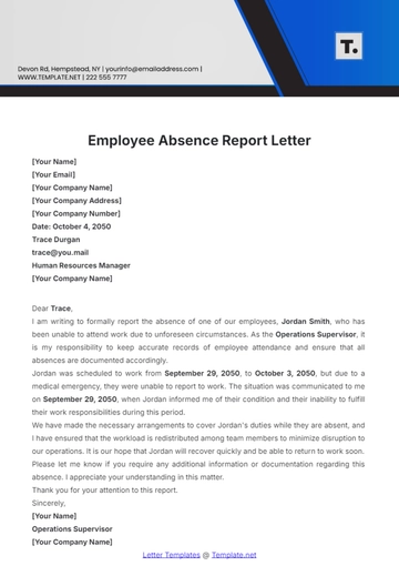 Free Employee Absence Report Letter Template to Edit Online