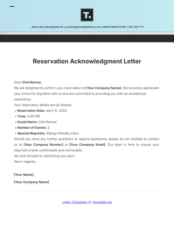 Free Reservation Acknowledgment Letter Template to Edit Online