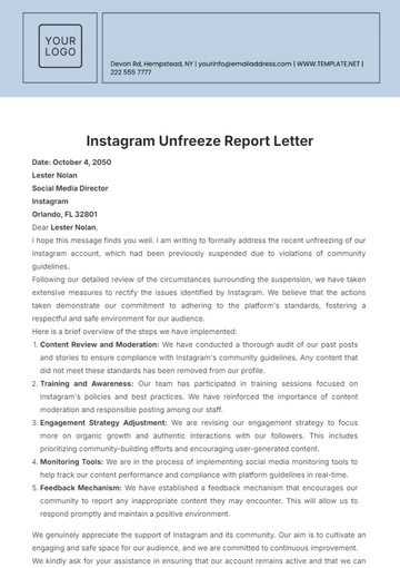 Free Instagram Unfreeze Report Letter Template to Edit Online