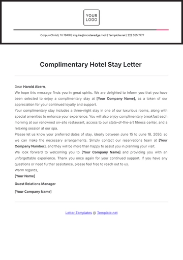 Free Complimentary Hotel Stay Letter Template to Edit Online