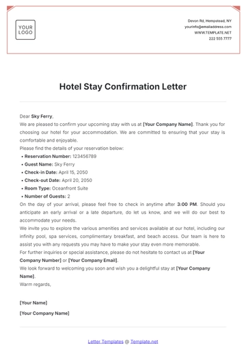 Free Hotel Stay Confirmation Letter Template to Edit Online
