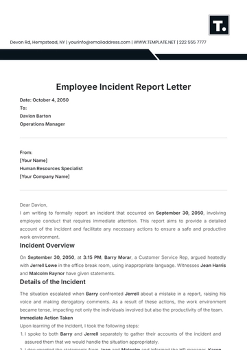Free Employee Incident Report Letter Template to Edit Online