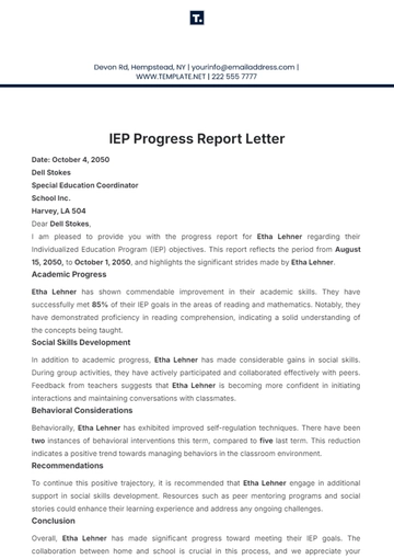 Free IEP Progress Report Letter Template to Edit Online