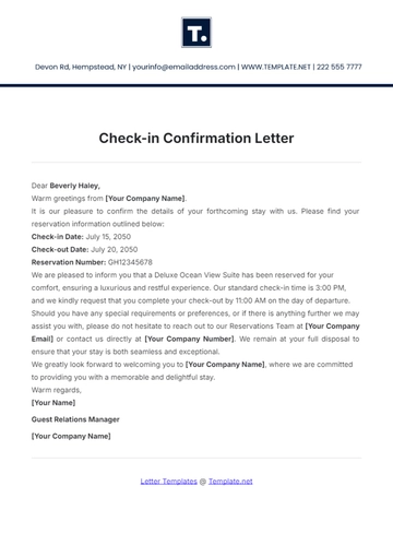 Free Check-in Confirmation Letter Template to Edit Online