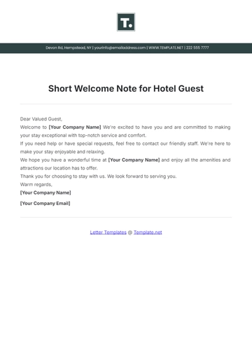 Free Short Welcome Note for Hotel Guest Template to Edit Online