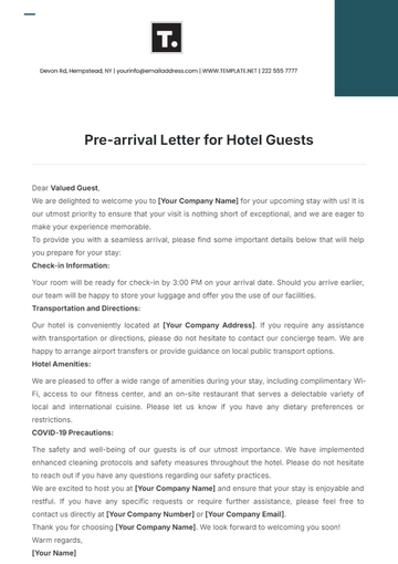 Free Pre-arrival Letter for Hotel Guests Template to Edit Online