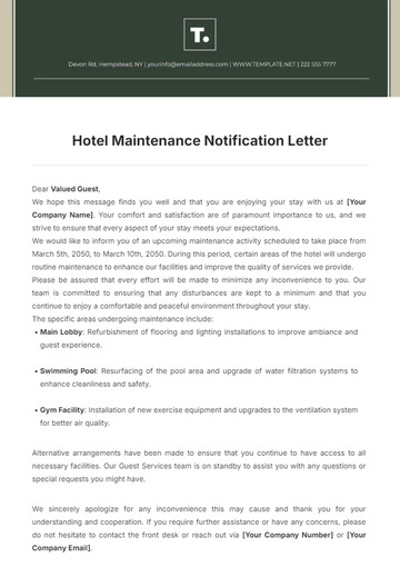 Free Hotel Maintenance Notification Letter Template to Edit Online