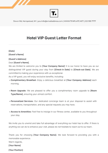 Free Hotel VIP Guest Letter Format Template to Edit Online