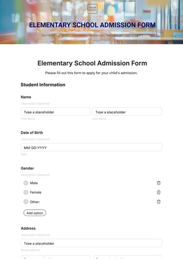 Free Elementary School Admission Form Template to Edit Online