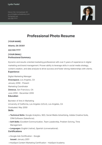Free Professional Photo Resume Template to Edit Online