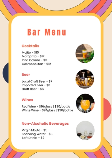 Free Colorful Bar Menu Template to Edit Online