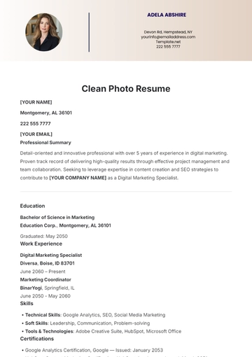 Free Clean Photo Resume Template to Edit Online