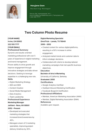 Free Two Column Photo Resume Template to Edit Online