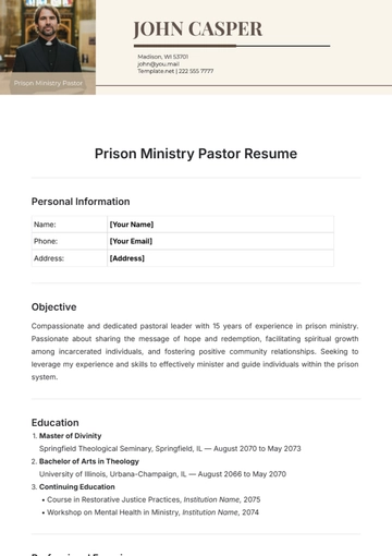 Free Prison Ministry Pastor Resume Template to Edit Online