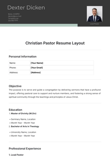 Free Christian Pastor Resume Layout Template to Edit Online