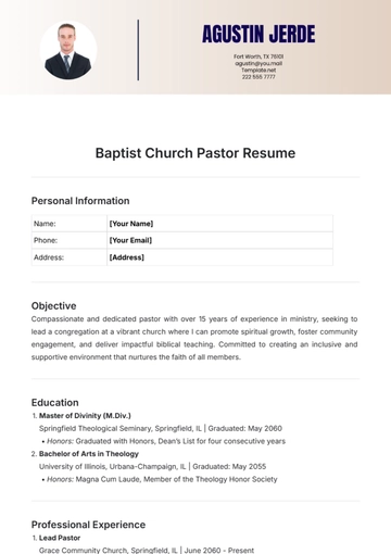 Free Baptist Church Pastor Resume Template to Edit Online