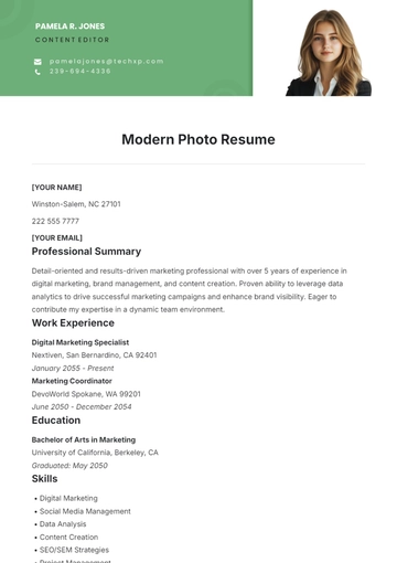 Free Modern Photo Resume Template to Edit Online