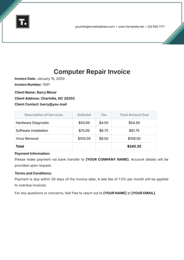 Free Computer Repair Invoice Template to Edit Online