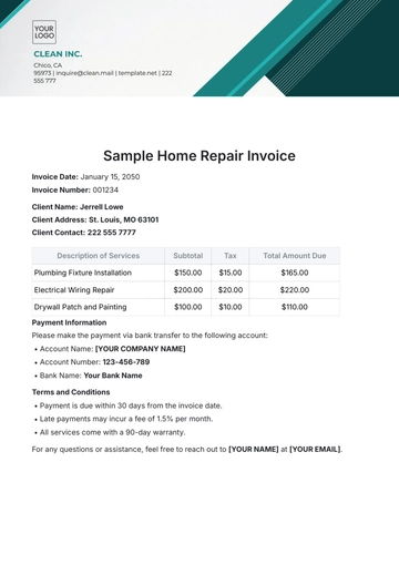Free Sample Home Repair Invoice Template to Edit Online