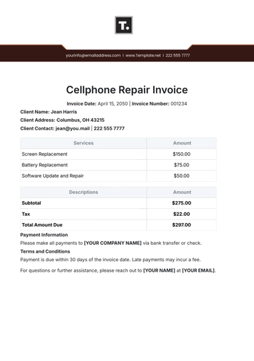 Free Cellphone Repair Invoice Template to Edit Online