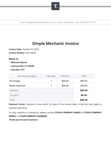 Free Simple Mechanic Invoice Template to Edit Online