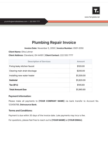 Free Plumbing Repair Invoice Template to Edit Online