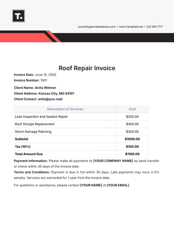 Free Roof Repair Invoice Template to Edit Online