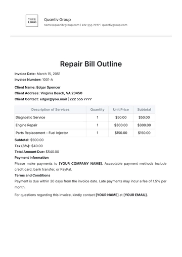Free Repair Bill Outline Template to Edit Online
