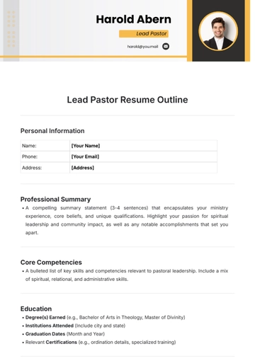 Free Lead Pastor Resume Outline Template to Edit Online