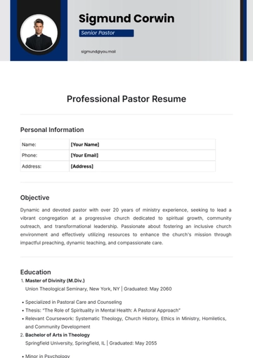 Free Professional Pastor Resume Template to Edit Online