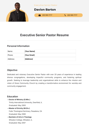 Free Executive Senior Pastor Resume Template to Edit Online