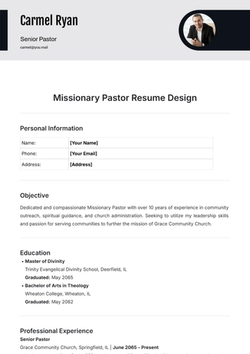 Free Missionary Pastor Resume Design Template to Edit Online