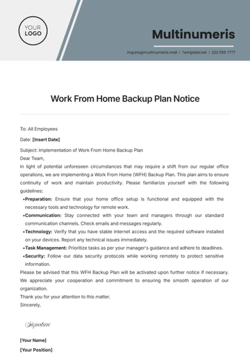 Free Work From Home Backup Plan Notice Template to Edit Online
