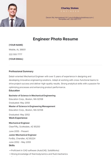 Free Engineer Photo Resume Template to Edit Online
