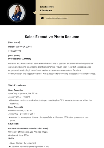 Free Sales Executive Photo Resume Template to Edit Online
