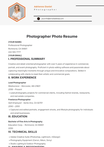 Free Photographer Photo Resume Template to Edit Online