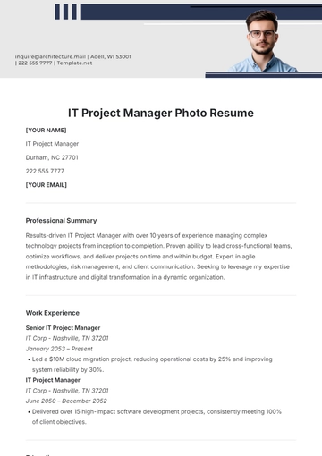 Free IT Project Manager Photo Resume Template to Edit Online