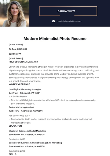 Free Modern Minimalist Photo Resume Template to Edit Online